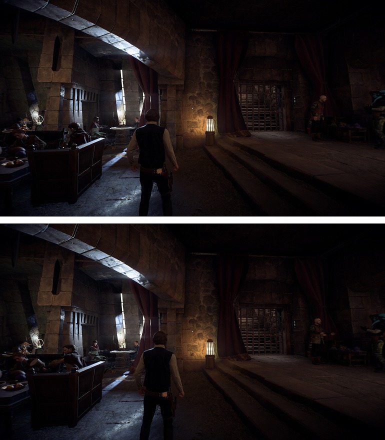 Ejemplo de Star Wars: Battlefront 2 a resolución 4K. Arriba, normal; abajo, SSAA. Ejemplo de Star Wars: Battlefront 2 a resolución 4K. Arriba, normal; abajo, SSAA.
