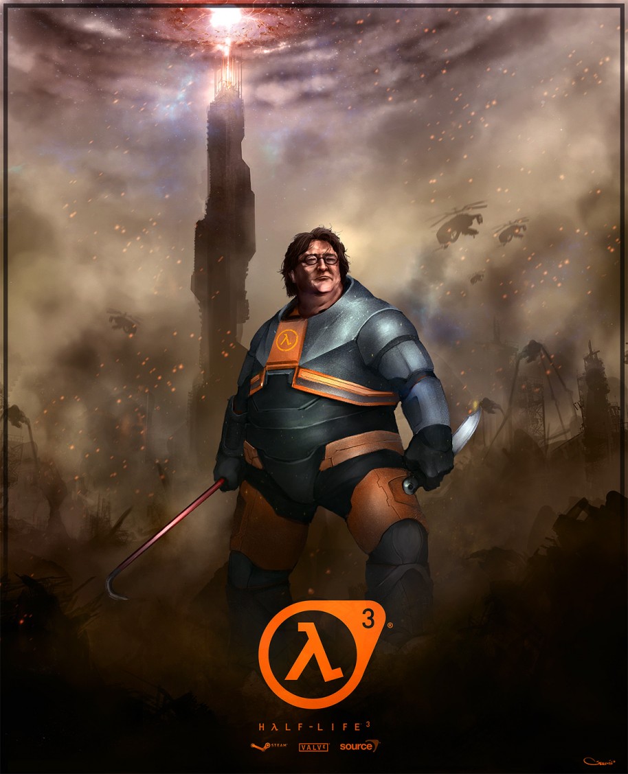 Ilustración realizada por DarrenGeers, uno de los muchos ejemplos que podemos encontrar en Internet sobre la figura de Gabe Newell y un supuesto tercer capítulo de Half-Life.
