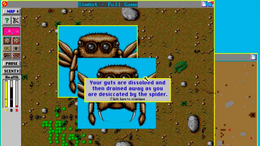 Como una nota a parte del propio texto, me gustaría dejarle un espacio al enorme número de título que se lanzaron tras SimCity. El éxito de SimCity sirvió como catapulta a Maxis a principios de los noventa. El estudio quiso explorar hasta dónde podía llevar la temática "Sim" con resultados, en la mayoría de las ocasiones, poco favorables.
SimAnt no tuvo el éxito de sus predecesores, pero su simpatía es innegable.
Es a esta época de la compañía norteamericana a la que le debemos títulos como el ya nombrado SimAnt; el curioso SimFarm; el infame SimCopter; o el popular SimEarth. Durante trece años, Maxis lanzó más de veintidós títulos. Su experiencia adquirida durante muchos de ellos, terminó desembocando en obras tan populares como Los Sims.