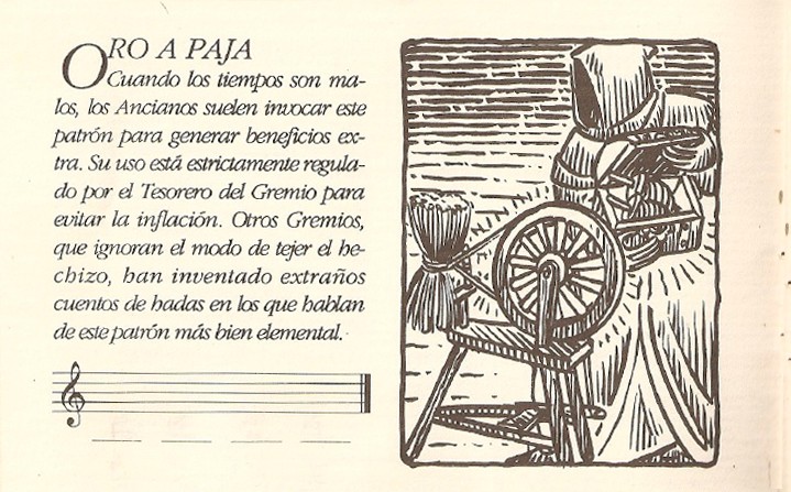 La edición que llegó a nuestras costas de LOOM incluía el juego, manual y un complemento muy especial. Se trata de El Libro de los Patrones, que contenía una bella descripción de los hechizos del juego —y unos cuantos más que no eran incluidos en la aventura—. Bajo el texto podemos dibujar en el pentagrama el hechizo correspondiente a nuestra partida, en el caso de que quisieras pintar en el libro, claro —algo que no gusta a los más coleccionistas—. La palabra Patrón también tiene varios significados en inglés. En música, Pattern significa partitura, mientras que en el contexto de la confección textil, Pattern son los patrones, las formas repetidas que se graban en las telas. Jugando de nuevo con el doble significado como con la palabra Loom, ambas definiciones son atribuibles a la forma de hilar los hechizos con música en el juego. El libro también contenía las famosas claves de protección de la época, junto al visor rojo para descifrar la clave oculta en el papel.